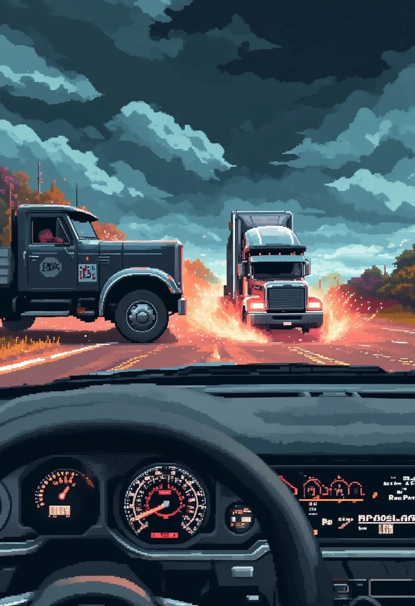 high-speed pursuit through a storm, windshield wipers barely keeping up, semi-truck jackknifing ahead – There was no braking now—only crashing through.
, pinkpixelicious, aidmamj6.1,