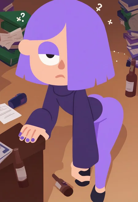 score_9, score_8_up, score_7_up, pinup girl pose, Expressiveh,
a sexy girl (18 y.o.) , 1girl, , Lily, LilyDuolingo, girl, light purple hair, hair over one eye, purple nails, thin body, petite, purple sweater, purple leggings,
cute, confused, lonely, tired, unfocused, dazed,
on floor,
aesthetic,
well lit, bright lighting,
in a office,
cute, drunk, tired, unfocused, dazed,
standing,
aesthetic, wide angle,