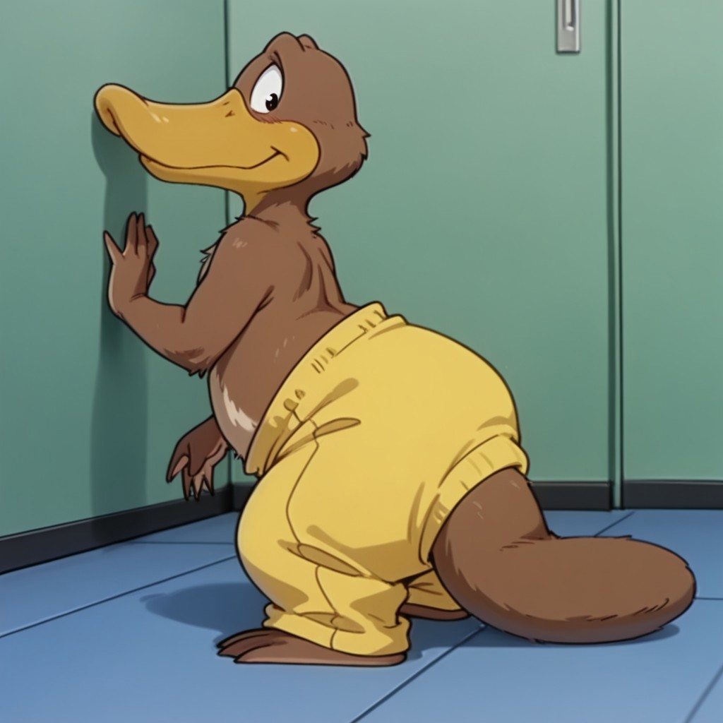 masterpiece, best quality, amazing quality,FlapbbILv2, semi-anthro, male, Platypus, brown fur, duck-billed, webbed feet, webbed fingers, yellow pants, putside