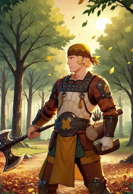 Zpdxl3, Score_7_up, score_8_up, solo male, 
BREAK,
THRaph, muscular male, short hair, yellow eyes, sideburns, bandana, warrior outfit, holding, axe (weapon), holding weapon, outdoors, neutral expression, looking offscreen, outdoors, wind blowing, falling leaves, trees,