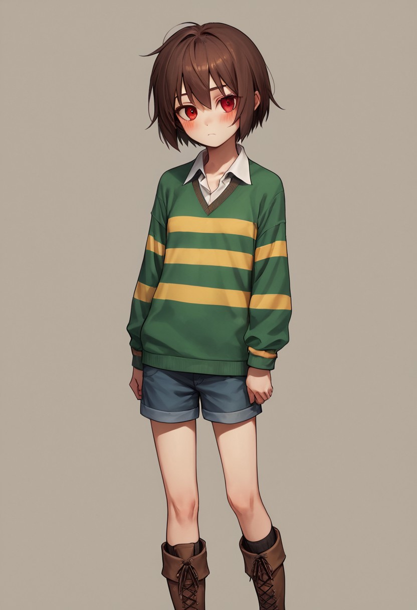 Chara,canon, striped sweater, shorts, red eyes, brown hair, short hair, boots, blush, locket, scoop neck, collared, red eyes, small breasts, young, skinny, source_anime,score_9, score_8_up, score_7_up,1girl, solo,