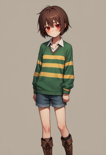 Chara,canon, striped sweater, shorts, red eyes, brown hair, short hair, boots, blush, locket, scoop neck, collared, red eyes, small breasts, young, skinny, source_anime,score_9, score_8_up, score_7_up,1girl, solo,