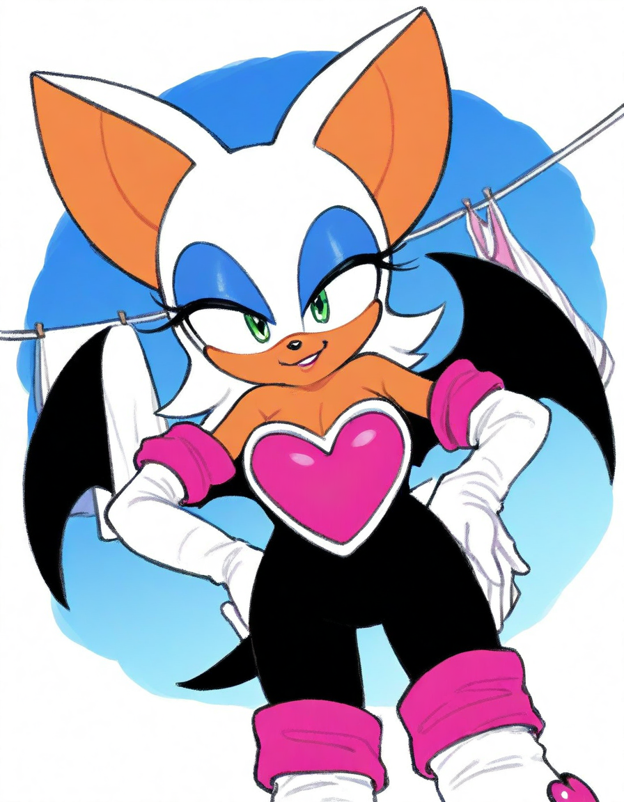 , <lora:rouge-the-bat-illustriousxl-lora-nochekaiser:1>, rouge, animal ears, bat ears, bat girl, bat tail, bat wings, eyeliner, furry, furry female, green eyes, makeup, tail, white hair, wings, eyeshadow,, bare shoulders, boots, elbow gloves, gloves, heart, knee boots, white footwear, white gloves,, laundry day, clothesline, drying clothes, domestic life, fresh air, blue sky, , smug, hand on hips,, looking at viewer, solo,, dutch angle, cowboy shot