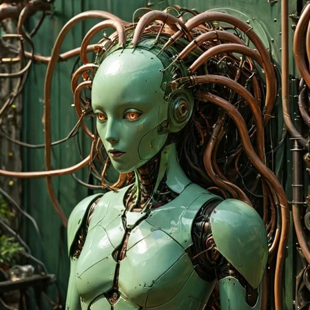 a retro-futurist garden with a retro robot medusa walking outside, the crown of snakes on her head made of many writhing wires and copper tubes, her robotic body is inhuman and made of many pieces of metal and panels of greenish plastic connected by pistons and tubes, she has noface, no face with eyes hidden behind cyborg visor, central diode and single light in faceplate, the sunlight glints off of the shining metal and plastic