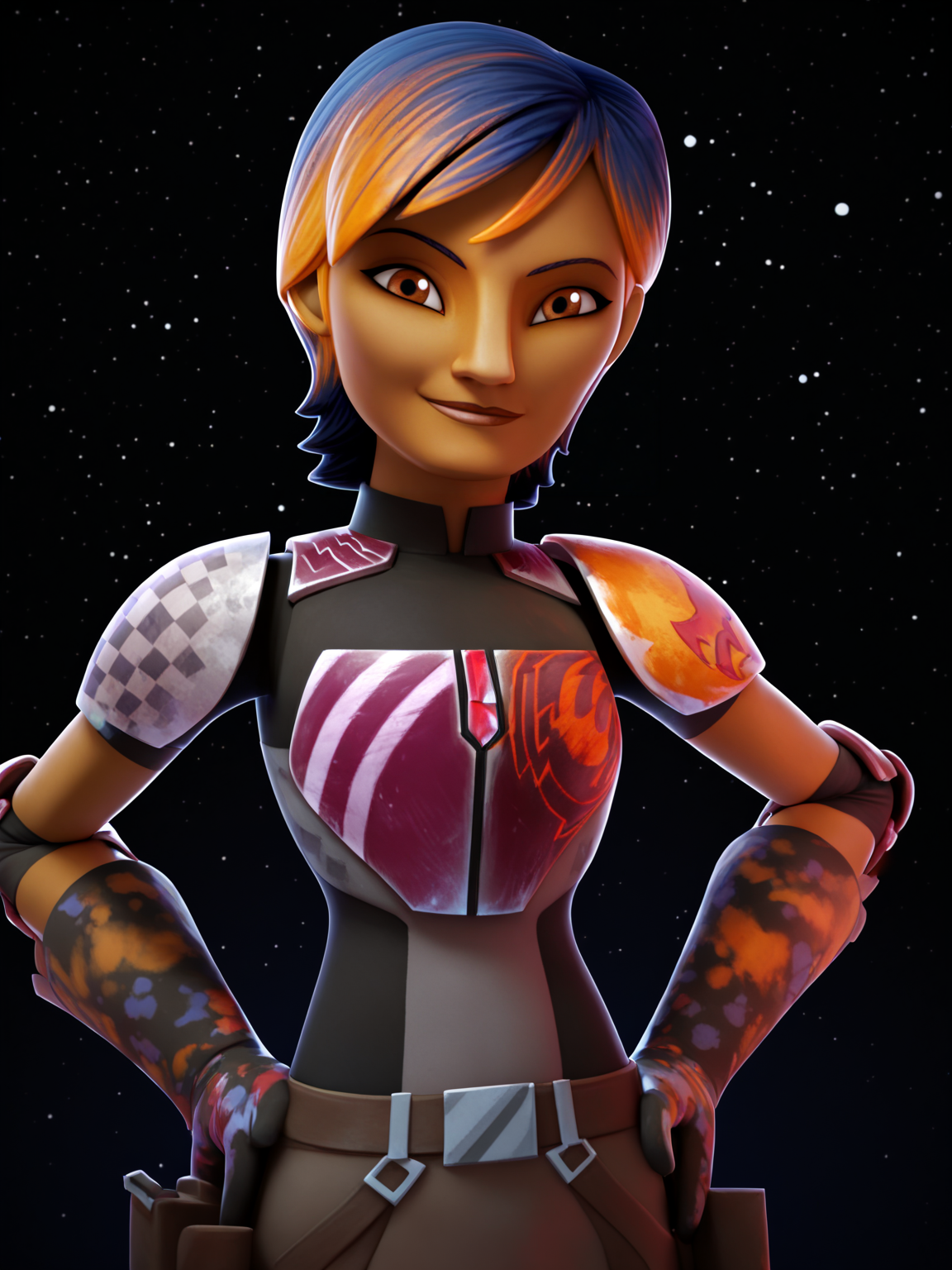 score_9, score_8_up, score_7_up, uncensored BREAK
blender,3D BREAK
1girl, sabinewren, short hair, multicolored hair, brown eyes, armor, dark skin, shoulder pads
hands on hips, looking at viewer,
smile, dark background, simple background, particles, bokeh,
black background,starry background,galaxy background,dark,contrast
<lora:Randommaxx_dark_offset_v1.1_lora_fp16:1>
<lora:fugtrup-guy-PONYv101:1>    <lora:SabineWrenXL:1>