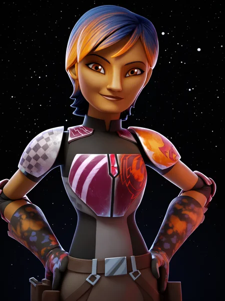 score_9, score_8_up, score_7_up, uncensored BREAK
blender,3D BREAK
1girl, sabinewren, short hair, multicolored hair, brown eyes, armor, dark skin, shoulder pads
hands on hips, looking at viewer,
smile, dark background, simple background, particles, bokeh,
black background,starry background,galaxy background,dark,contrast
<lora:Randommaxx_dark_offset_v1.1_lora_fp16:1>
<lora:fugtrup-guy-PONYv101:1> <lora:SabineWrenXL:1>
