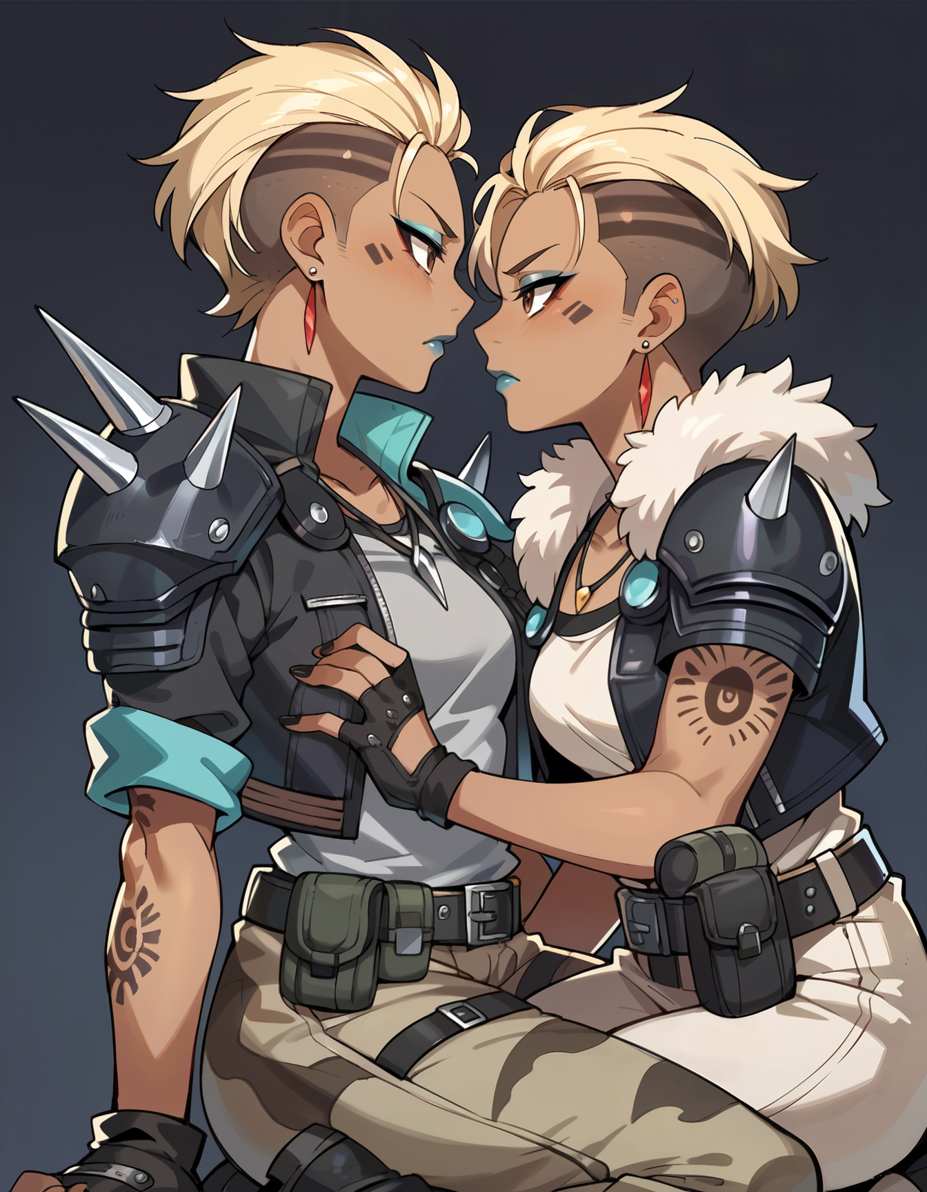 score_9,score_8_up,score_7_up,score_6_up,dark background,1girl,black fingerless gloves,camouflage pants,belt,dark skin,black boots,black jacket,blonde hair,grey tank top,pouch,dark-skinned female,earrings,arm tattoo,shoulder spikes,fur trim,knee pads,makeup,blue lips,black nails,undercut,brown eyes,hair behind ear,necklace,short hair,shoulder armor,elbow pads,profile,eyeshadow,pauldrons,     <lora:MyTrainings\Temp\Mad_Maggie_Original_XL_Pony_ARZUMATA.safetensors:0.5>