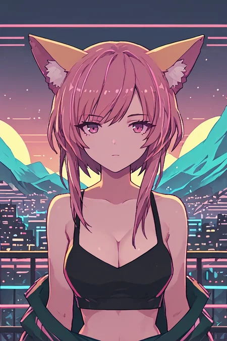 <lora:RetroWave_PonyXL:1> score_9, score_8_up, score_7_up, score_6_up, source_anime, retrowave, mountainous horizon, sunset, neon lights, cityscape, 1girl, fox ears, looking at viewer, cleavage, neon trim <lora:PonyMinimalStyle:1>