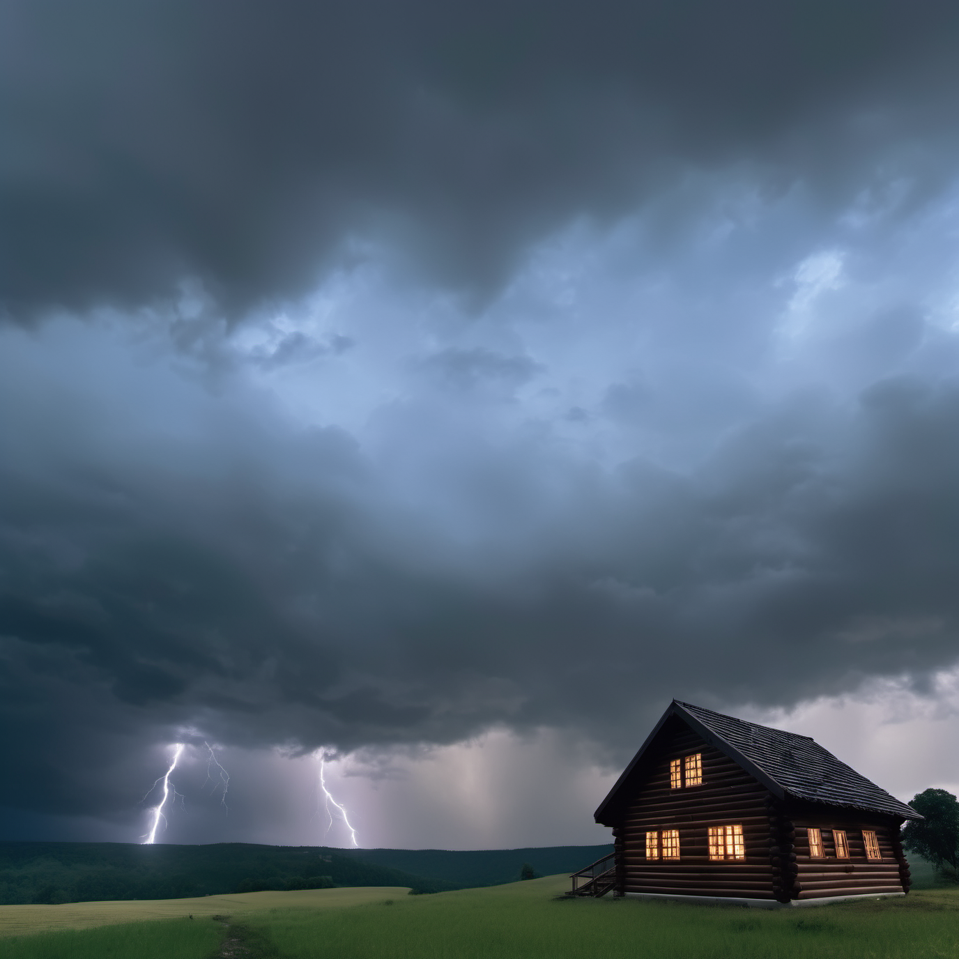 cinematic photo rain, dramatic sky, lightning, landscape , ravine with wooden house <lora:Cloudify-SDXL:1.3> . 35mm photograph, film, bokeh, professional, 4k, highly detailed