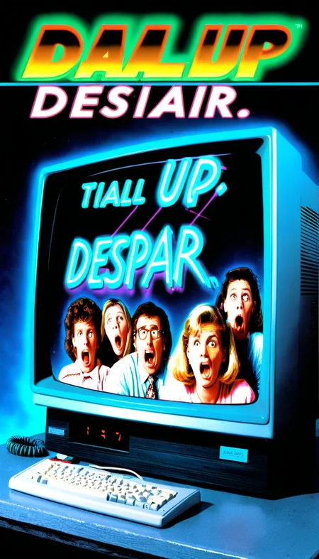 VHS Cover art depicting a family looking horrified at a gigantic glowing 56k modem with ghostly figures emerging from the CRT computer screen. (Include title text "DIAL-UP DESPAIR" in bold neon 90s font at the top.:1.5)  <lora:Everly Heights TaleSpinner XL:1>