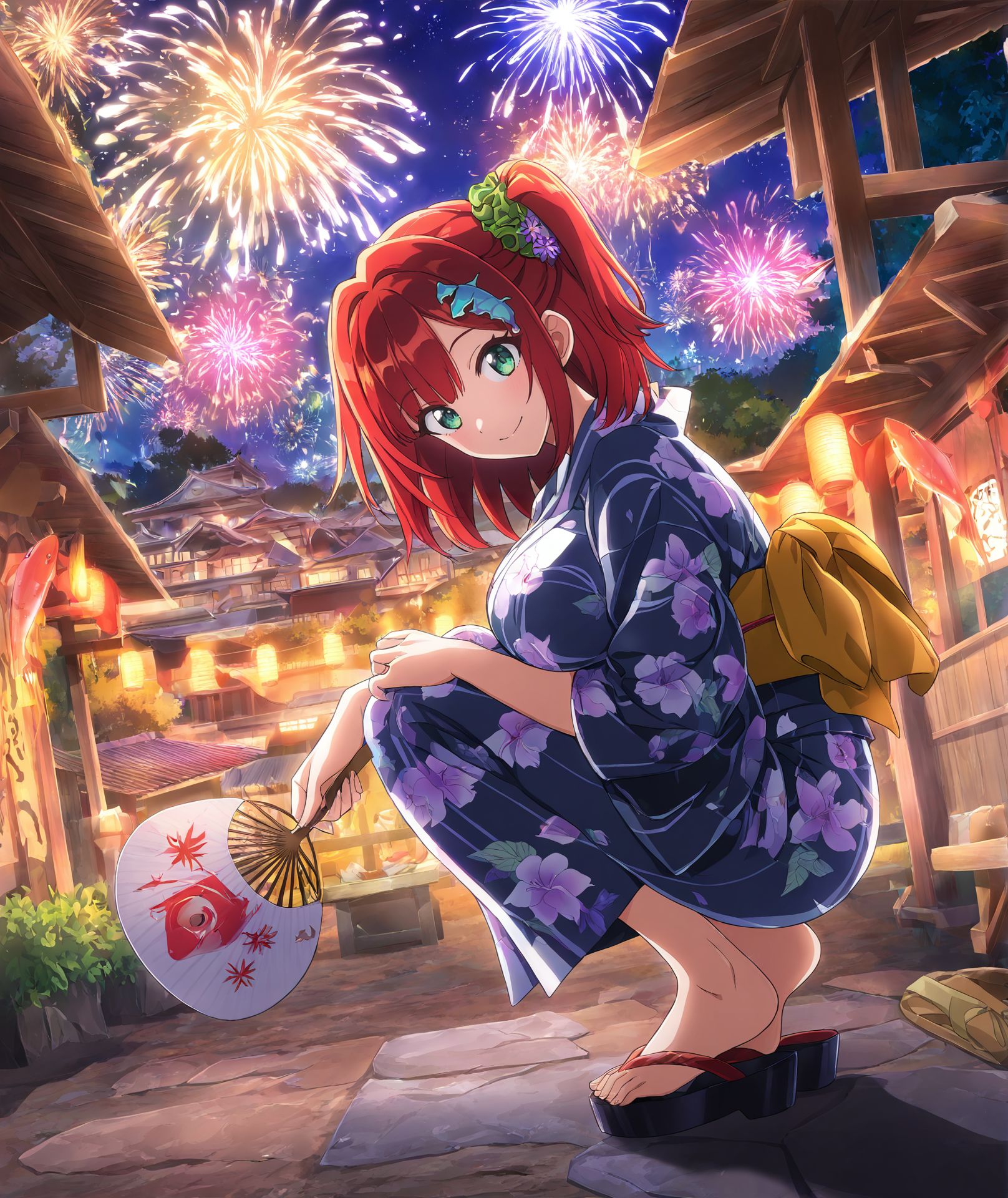 masterpiece,best quality,amazing quality,very aesthetic,absurdres,newest,scenery,anime screenshot,anime coloring,
looking at viewer,female focus,
1girl, solo, green eyes, red hair, medium hair, one side up, bangs,breasts, large breasts,  hair ornament, green scrunchie,fireworks, hair ornament, japanese clothes,  looking at viewer, hair flower, sandals, squatting, uchiwa, night, yukata, floral print, outdoors, smile, fish,toes, holding, full body, bag
<lora:【ILXL】sakimiya_iruka-000010:0.9>,