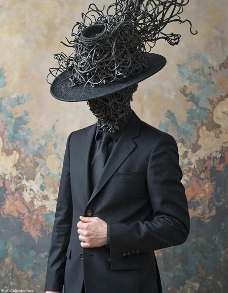 A photograph of a figure draped in a dark suit, wearing a hat that seems to be disintegrating or merging with intricate, swirling patterns. The background is a blend of muted colors, with abstract shapes and designs that further enhance the surreal atmosphere. The figure's face is obscured, adding to the enigmatic quality of the photograph.