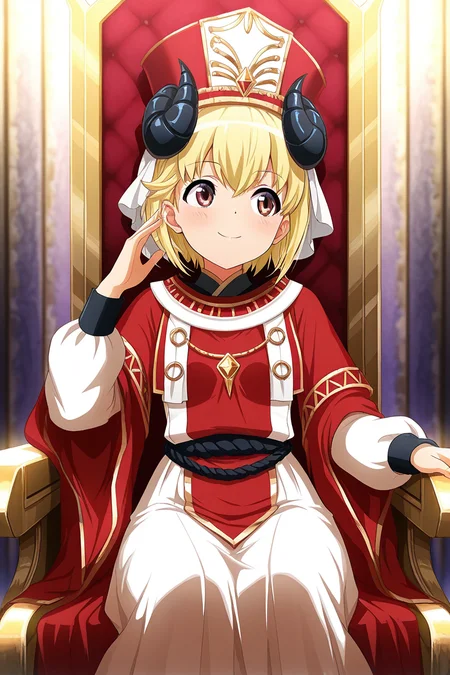 masterpiece, best quality, amazing quality,
 <lora:Otori_IL:1> michiru, 1girl, blonde hair, horns, solo, smile, hat, short hair, throne, dress, long sleeves, brown eyes, red eyes, demon horns, long skirt