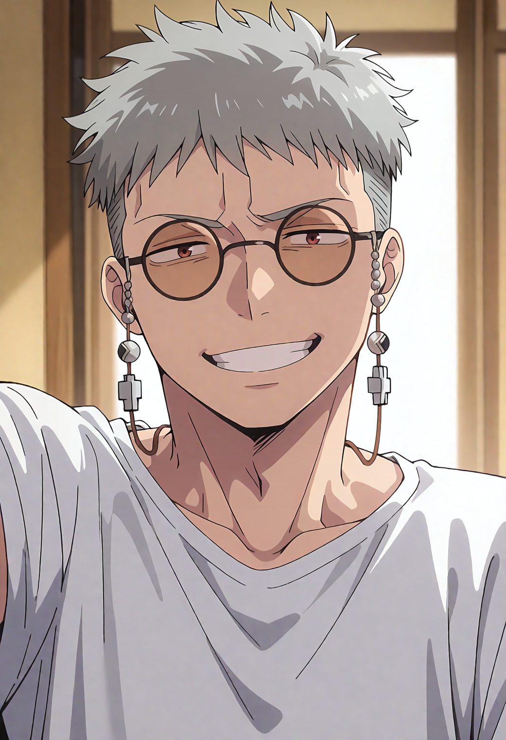 <lora:Fujimoto_Shiro_Blue_Exorcist__Ao_No_Exorcist__éã®ç¥é­å¸«:1>,fsh1r0,gray_fsh1r0_sh1r0_hair,red_fsh1r0_eyes,fsh1r0_round_glasses,1boy,male focus,solo,undercut,
white t-shirt,looking at viewer,smile,grin,
masterpiece,very awa,best quality,amazing quality,absurd res,hires,highres