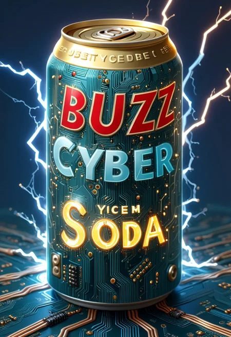 buzz, masterpiece, wm_cyber, soda can made of circuits with text "BUZZ cyber soda" in golden color, lightning on can,