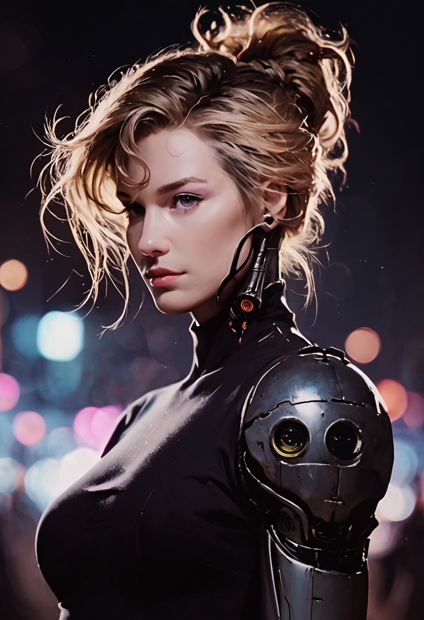 score_9, score_8_up, score_7_up, cyborg, ar3na1989, Kodak Motion Picture Film Style, 1girl, blonde hair, (neon purple light), updo hair, bounty hunter, (bokeh), sci-fi, dark atmosphere, moody, cybernetic implants, aesthetic,