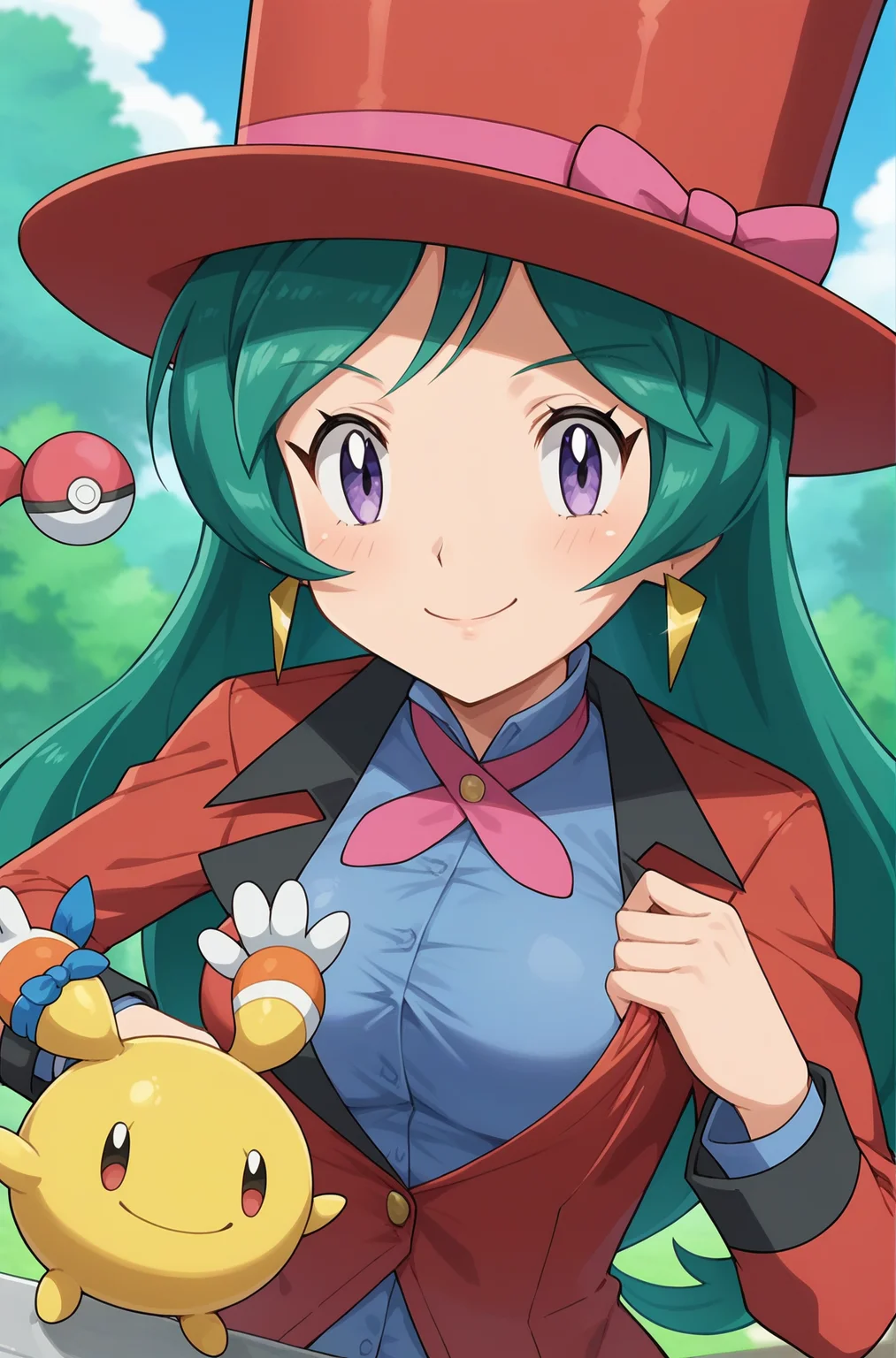score_9, score_8_up, score_7_up, source anime, anime, animification, anime screencap, anime coloring, vivid colors, shiny skin, skindentation, deep skin, depth of field, high quality, highres, (dynamic angle,dynamic pose),
francesca \(pokemon\), 1girl, long hair, looking at viewer, smile, shirt, long sleeves, hat, ribbon, holding, closed mouth, purple eyes, jacket, earrings, green hair, collared shirt, pokemon, (creature), buttons, blue shirt, headwear removed, hat removed, top hat, holding clothes, holding hat
BREAK
masterpiece,high quality
<lora:Francesca_XL-10:0.9>
