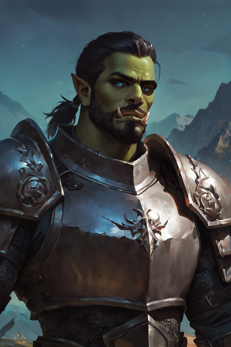 masterpiece, best quality, highres, newest, concept art, realistic, 1boy, solo, male focus, mature male, orc, colored skin, green skin, tusks, blue eyes, medium hair, black hair, hair slicked back, ponytail, facial hair, beard, mustache, looking at viewer, full armor, shoulder armor, breastplate, pauldrons, upper body, closed mouth, standing, outdoors, mountain, night, night sky, dark background <lora:Concept Art Moonlight [LoRA] - NoobAI-XL EPS 1.0:0.8>