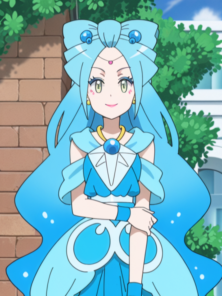 standing, looking at viewer, seductive smile, outdoors, upper body, 
 <lora:lilie_v3:1> mag3ca gir7l, 
li7lie mag3cal,green eyes,blue hair,very long hair,yellow balls earrings,makeup,blue dress,blue wristbands,blue skirt,, masterpiece, high quality, absurdres, best quality, very aesthetic, newest,