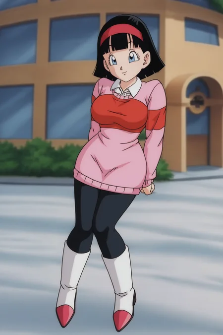source_anime, score_9, score_8_up, score_7_up, anime screencap,8k, absurd res,
videl, dragon ball super, bob cut, 1girl, solo, breasts, short hair, blue eyes, large breasts, black hair, full body, black legwear, red hairband, arms behind back, white shirt, pink footwear, boots, two tone footwear, print sweater, pink sweater, looking at viewer, raised eyebrows, long sleeves, collared shirt, bangs, from above, 
 <lora:videlSatan_pony_v1:0.8>