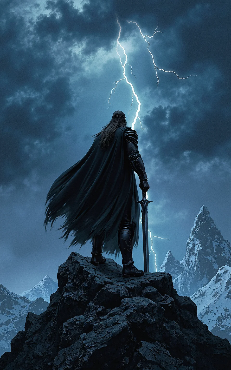 A legendary swordsman stands tall on a high mountain peak,his sword driven deep into the rocky ground. Both hands grip the sword's hilt,resting on it as he gazes into the stormy horizon. The background is a masterpiece of swirling storm clouds and blinding lightning bolts. His long cloak flows in the wind,his face stern and determined,embodying the quiet strength of a warrior. The painting is rendered in a highly detailed,fantasy illustration style,reminiscent of classic fantasy book covers,with vibrant yet ominous tones.,<lora:klordoftherings-01:0.8>,klordoftherings,