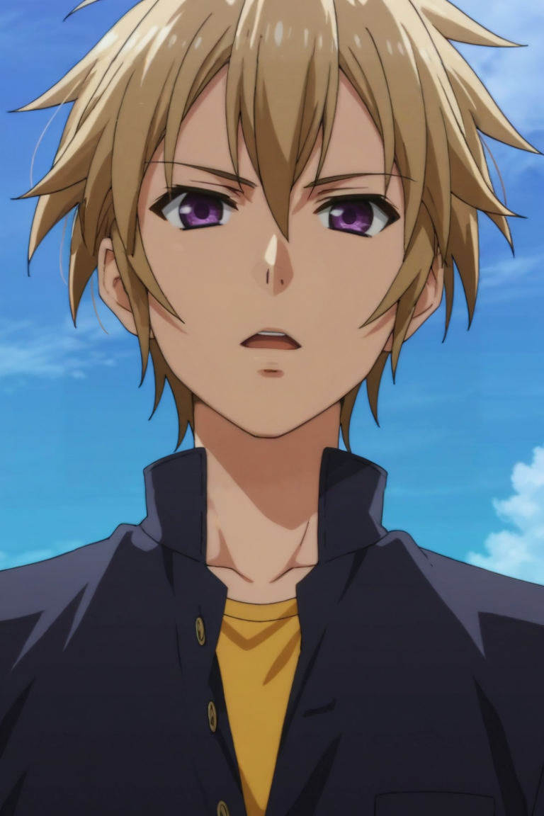 score_9, score_8_up, score_7_up,score_6_up,score_5_up,score_4_up,source_anime,BREAK, rating_safe, intricate details , , , anime screencap, anime coloring, official style, depth of field , , ,1boy, solo, male focus , , , <lora:izayoi:0.95>,sakamaki izayoi,blonde hair,purple eyes,short hair,spiky hair,hair between eyes,natural hair,simple hairstyle,looking at viewer,open mouth,expressionless, shirt, school uniform, upper body, outdoors, sky, day, cloud, blue sky, gakuran,from below , , , <lora:sdxl_lightning_8step_lora_315544:1>