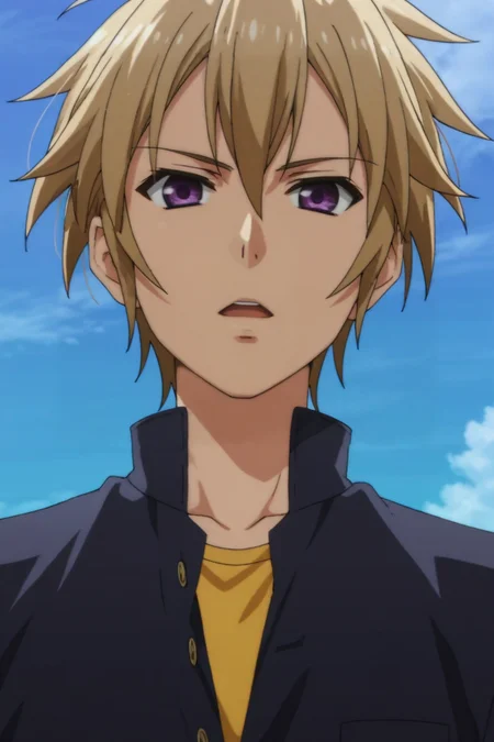 score_9, score_8_up, score_7_up,score_6_up,score_5_up,score_4_up,source_anime,BREAK, rating_safe, intricate details , , , anime screencap, anime coloring, official style, depth of field , , ,1boy, solo, male focus , , , <lora:izayoi:0.95>,sakamaki izayoi,blonde hair,purple eyes,short hair,spiky hair,hair between eyes,natural hair,simple hairstyle,looking at viewer,open mouth,expressionless, shirt, school uniform, upper body, outdoors, sky, day, cloud, blue sky, gakuran,from below , , , <lora:sdxl_lightning_8step_lora_315544:1>