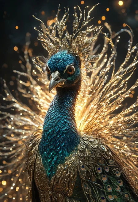 a beautiful peacock made of gold, glowing light particles and sparkles in the style of glitter and diamond dust, hyper-realistic fire, fairycore, hkmagic, masterpiece, best quality, highly detailed, sharp focus, dynamic lighting