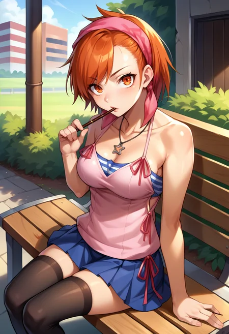 score_9, score_8_up, score_7_up, source_anime, BREAK, solo, 1girl, looking at viewer, <lora:Yuzu-pdxl_Fp:1>, yuzudesu, orange hair, orange eyes, short hair, bandana, camisole, tube top, necklace, black thighhighs, skirt, sitting, pocky, outdoors, bench, holding pocky,