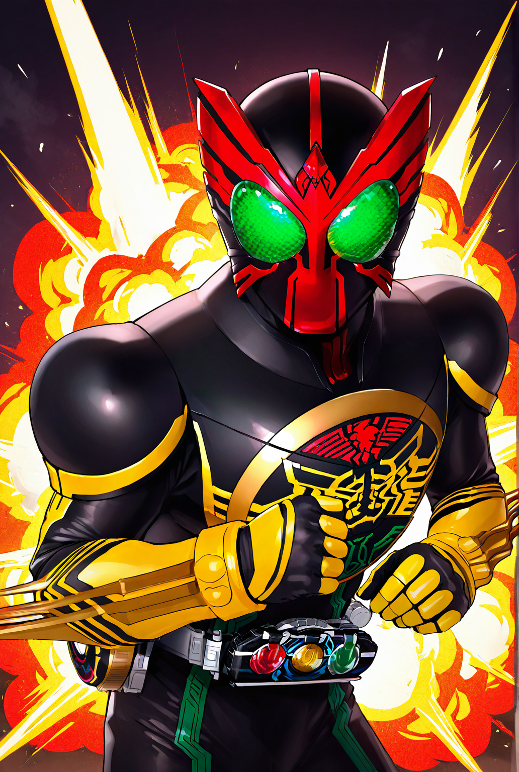 very awe,aesthetically pleasing,masterpiece,best quality,amazing quality,very aesthetic,ultra-detailed,high resolution,8k,1boy,solo,cowboy shot,male focus,detailed face,armor,belt,tokusatsu,bodysuit,helmet,rider belt,black bodysuit,weapon,fighting stance,explosion,<lora:Kamen Rider ooo:0.7>,kamen rider 000,