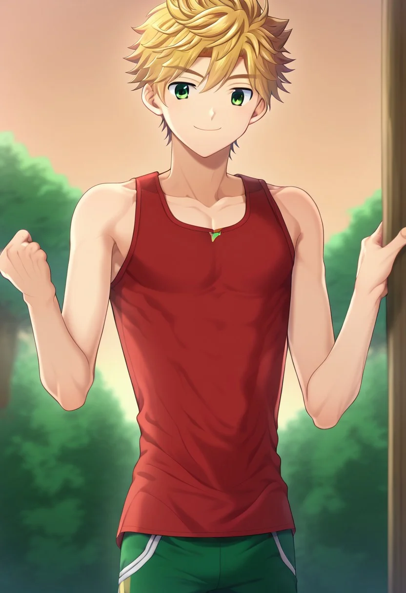 hikarishi_kenji, blond hair, short hair, bangs, green eyes, 1boy, (solo:1.20), solo focus, character with (athletic body:1.1), (balanced:1.2), red tank top, wear black trunk, smile, proportional body, strong lower body, handfixer, avarage height