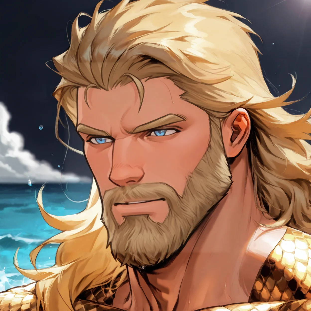 <lora:Arthur_Curry_Aquaman__DC_Comics:.7> Aquaman, Arthur Curry, Blonde hair, long hair, blue eyes,
(very short hair, beard, bara, mature, facial hair, stubble, beard, full beard, sideburn, beard, a lot of beard, ), facial hair,male focus, muscular male, muscular male, bara, mature,  bara, mature, aixiwuganda_(20222192), very awa, masterpiece, best quality, absurdres, newest, perfect quality, detailed background, intricate details,
<lora:slider_Body Type_alpha1.0_rank4_noxattn_last:3><lora:style_Anime Summer Days 2 Style SDXL_LoRA_Pony Diffusion V6 XL:.6><lora:slider_cfg_scale_boost:.7><lora:face_Artist6p-10:.55>, Artist6p, Artist04p,<lora:slider_il_brightness_slider_d1:-1><lora:slider_il_contrast_slider_d1:-1><lora:slider_DarkSlider1.2_alpha1.0_rank16_full_300steps:-.6>
