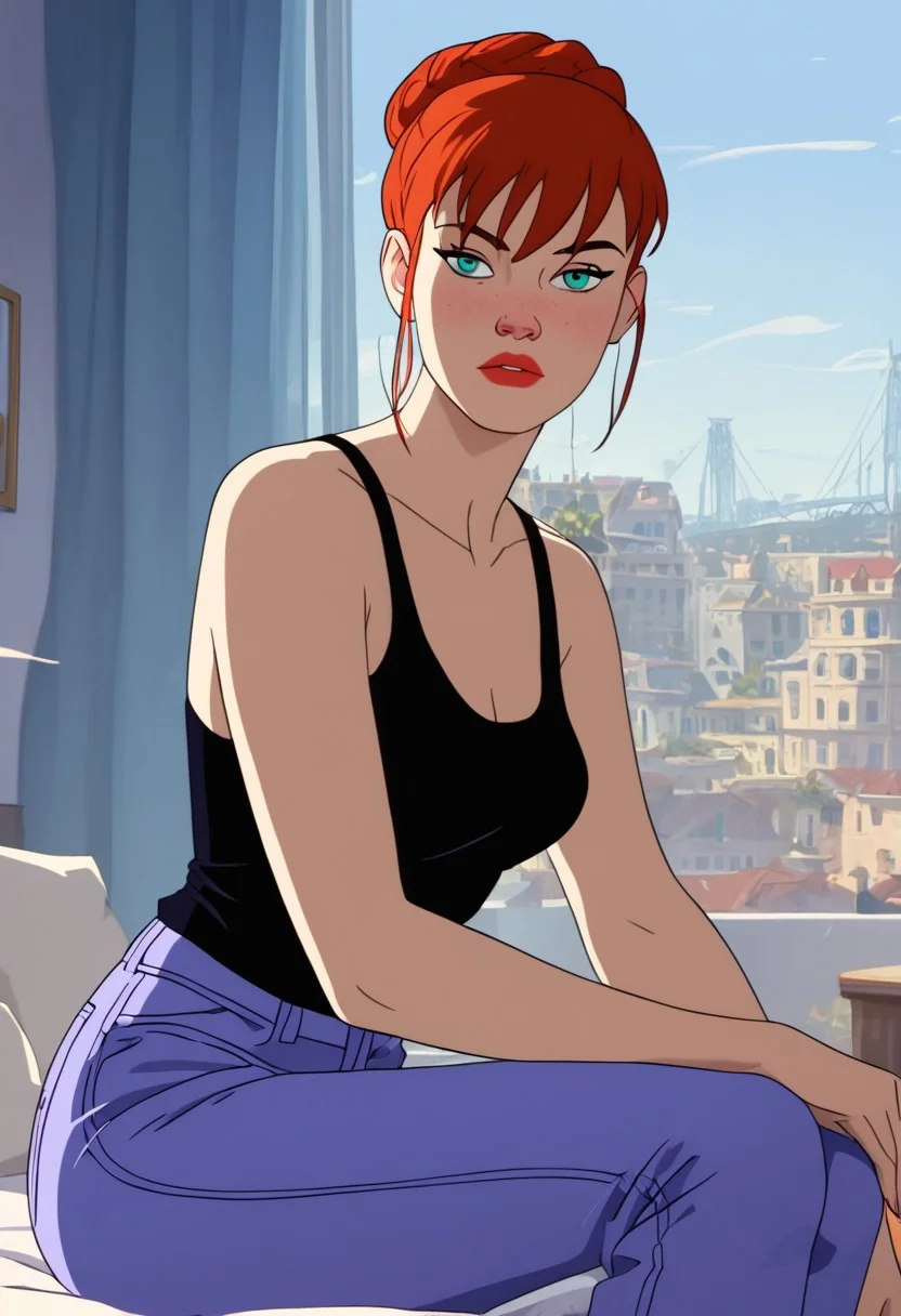 (score_9, score_8_up, score_7_up), 1girl, MJ, red hair, blue eyes, the city lights twinkling beyond the floor-to-ceiling windows. She's dressed casually in a fitted white tank top that hugs her petite yet curvaceous figure, and a pair of loose blue jeans, slung low on her hips. Her signature red hair is pulled back in a messy bun, a few wisps framing her delicate face. Mary Jane's large, expressive green eyes stare out at the sprawling metropolis, reflecting both wonder and melancholy. She hugs her knees to her chest, resting her chin on them as she ponders her feelings of isolation and cultural disconnect in a foreign land. The opulent yet sterile hotel room serves as a stark contrast to her vulnerable, introspective state.