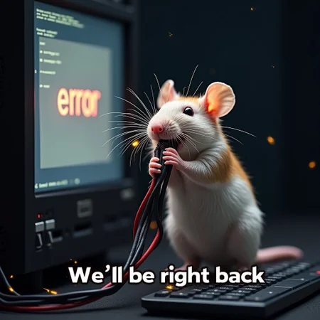 A cute little rat is chewing a bundle of wires. Sparks are flying from the cut and the computer server behind has a screen that reads “error.” Text on the bottom right of the screen is in all caps and in white font says “We’ll be right back”