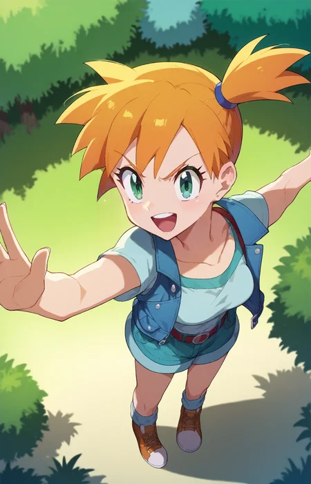 score_9, score_8_up, score_7_up,source_anime,rating_safe,highly detailed,1girl(misty_pokemon),dynamic pose,(three-quarter portrait:1.2),from above angle,background(forest),<lora:ShoujiPonyXLV2:1>,