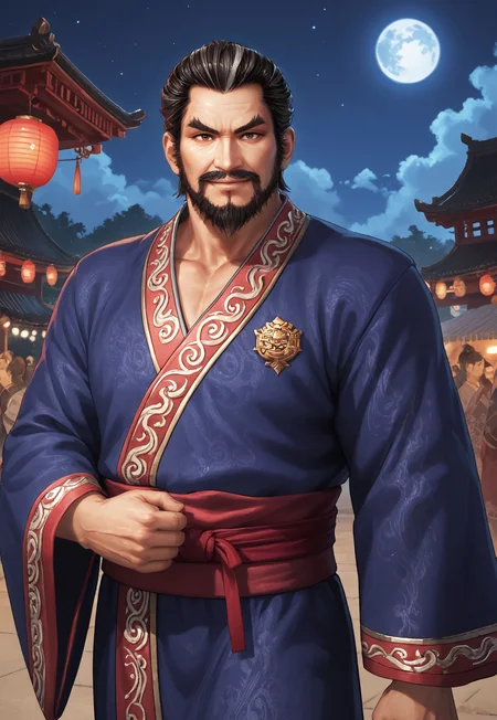 score_9, score_8_up, HuangGaiDWO, short hair, greying black hair, grey streaks, brown eyes, beard, mustache, mature male, muscular, blue kimono, wide sleeves, gold accents, red sash, looking at viewer, smile, dynamic pose, detailed background, dutch angle, upper body, cowboy shot, night, moon, bloom, clouds, ancient china, festival, old lanterns, walking down,