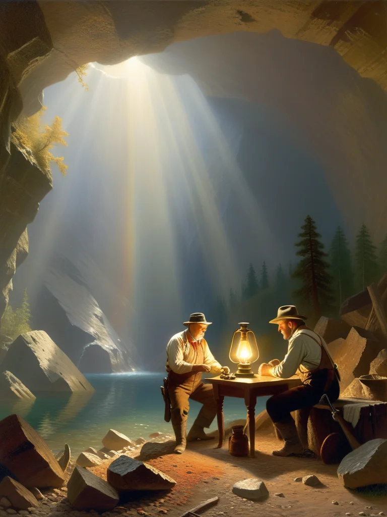 <lora:06NatureArt_Hap_XL:1>, Albert Bierstadt style, As the light from his lamp dances across the newfound treasure, a sense of accomplishment washes over the miner. With each passing moment, the once-hidden riches become a tangible symbol of his resilience and determination in the face of adversity.