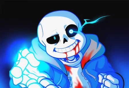memehollowpurple, meme, 1boy, solo, (sans \(undertale\)), skeleton, blue jacket, looking at viewer, smile, teeth, grin, upper body, close-up, hand up, [clenched hand,v], [glowing], shine, dark blue background, black background, radial gradient background, magic, blood from mouth, frown, white eye,glowing eye, blood on clothes, incoming attack
masterpiece, best quality, very aesthetic, newest, absurdres, highly-detailed, ultra-detailed, cinematic lighting, dramatic lighting, drop shadow