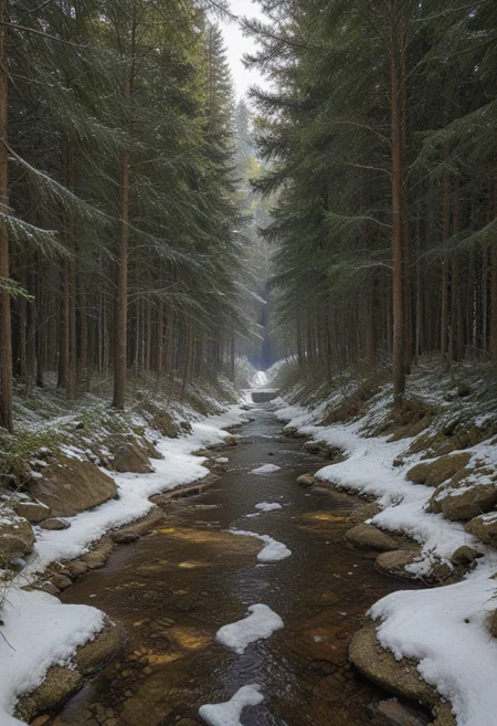 film photography, Exaggerated realistic, ultra detailed, score_9, score_8_up, score_7_up, digital Forest, scenery, outdoors, tree,sky, (clouds:0.3), nature, forest, creek, moss-covered rocks, sunlight streaming through leaves, winter, snow, snowy.matrix, matrix codes,codeandigital,digital world, digital, science fiction,