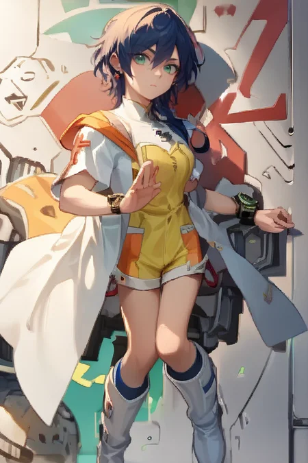 <lora:Bakugan_Fabia_Sheen-10:1> , fabia_Sheen, blue_hair, long_hair, green_eyes, pink ear rings, white_coat, bare_shoulder, yellow_shirt, short_sleeves, shorts, yellow_shorts, orange_patches,blue thighhigh socks, white boots, wristwatch,, , score_9, score_8_up, score_7_up, source_anime, detailed, high quality, beautiful, masterpiece,