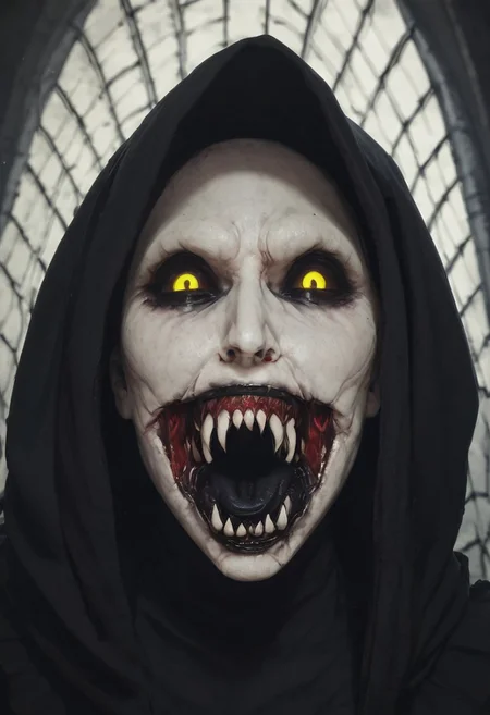 score_9, score_8_up, score_7_up, score_6_up, valak, black hooded sith outfit, black lips, black veins, fullbody pic, the devil, bald Satan in hooded black robes,
, jaws, black tongue, teeth, rotting skin, front view, very pale skin, evil smile. Satisfied smile, , oiled skin, , yellow eyes, black pupils, looking at viewer, great lighting,<lora:fangs_jaws-000009:0.9>, torn mouth,
, gothic cathedral with black stone walls and red glass windows, horror, scary face, monstrous, evil, claws, Expressiveh, g0thicPXL, glowing, neon,, zPDXL2,