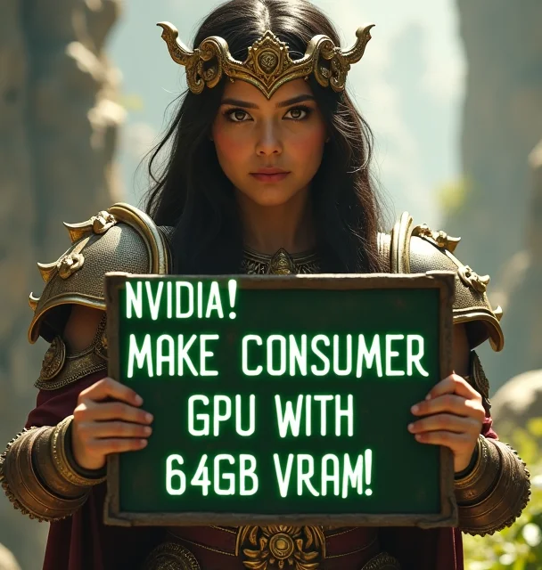 realistic photo of battle princess holding a sign with text "NVIDIA! Make consumer GPU with 64GB VRAM!". Fantasy style.