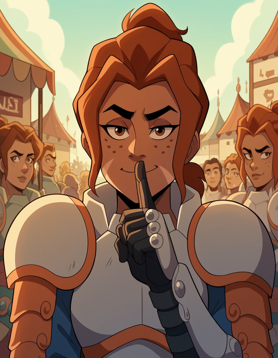 score_9, score_8_up, score_7_up, source_anime, <lora:lady-kima-s3-ponyxl-lora-nochekaiser:1>, lady kima, bangs, brown hair, brown eyes, freckles, parted bangs, ponytail, short ponytail, medium breasts,, armor, breastplate, shoulder armor, gauntlets,, street market, vendor, street food, bustling crowd, local flavor, vibrant, , looking at viewer, v, v over mouth, smug,, solo,, dutch angle, cowboy shot