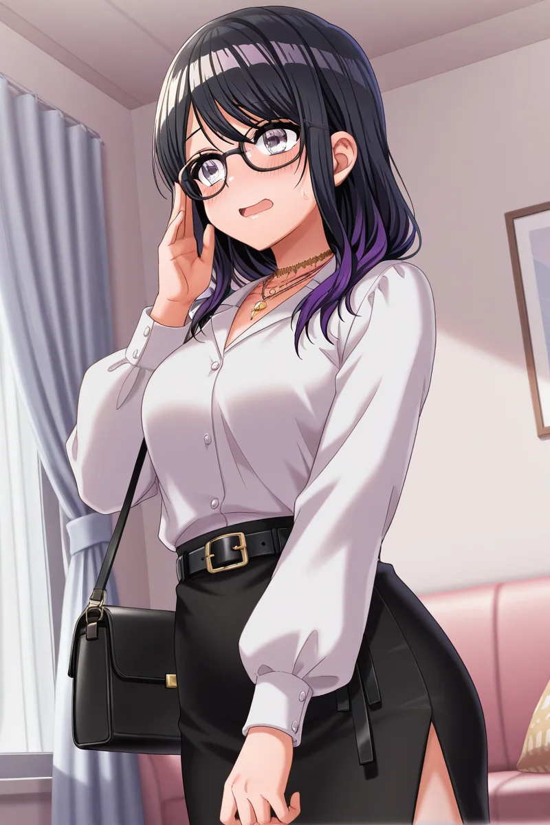 masterpiece, best quality, amazing quality,
<lora:Toka_IL:1> toka, 1girl, glasses, black hair, necklace, shirt, bag, skirt, multicolored hair, jewelry, blush, purple hair, breasts, black skirt, black-framed eyewear, belt, indoors, white shirt, long hair, curtains, window, long sleeves, solo, handbag, bangs, open mouth, offldsk