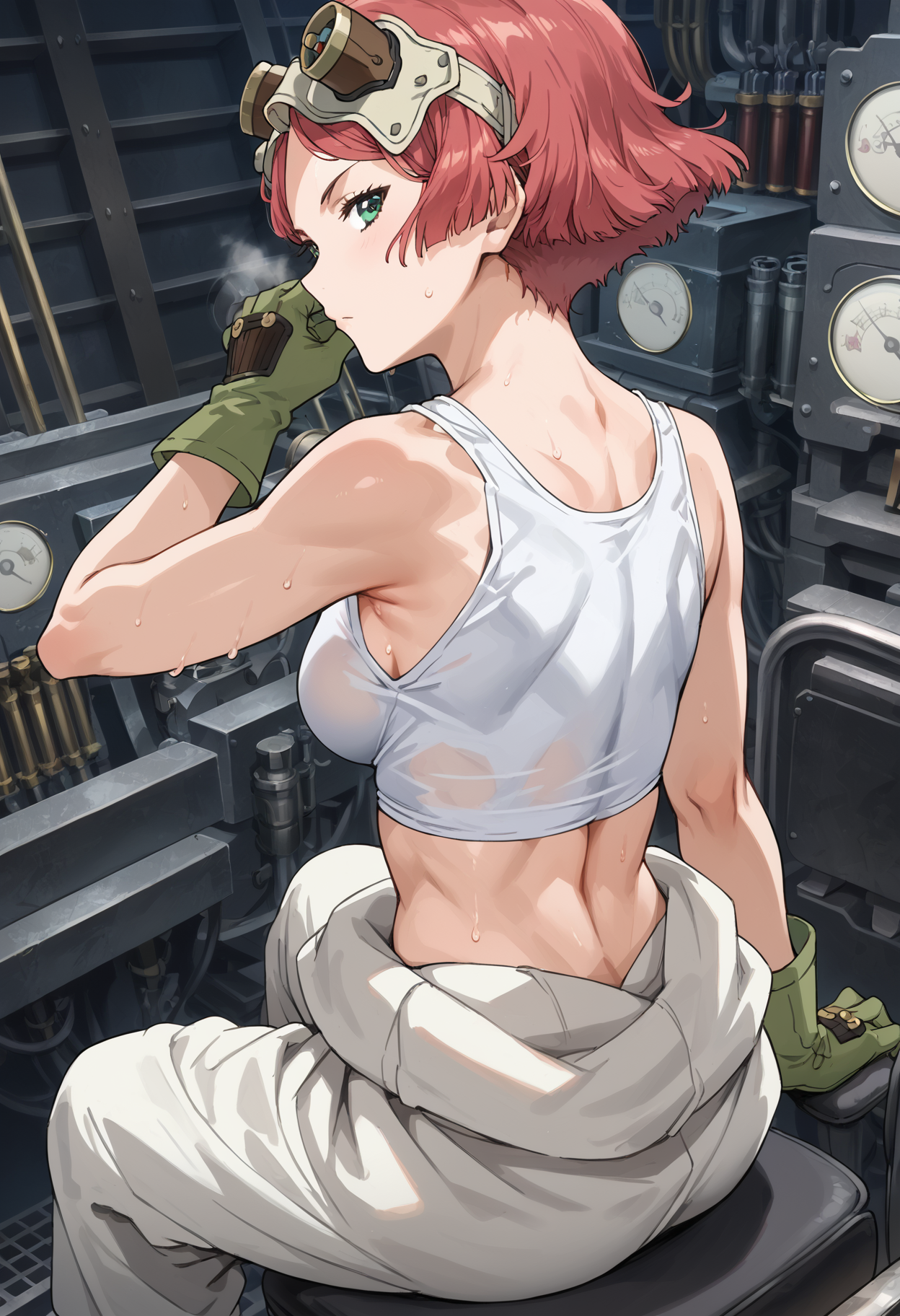 score_9, score_8_up, score_7_up, , source_anime,yukinakabaneri, 1girl, solo, short hair, red hair, goggles on head,  looking at viewer,  green gloves, green eyes, , closed mouth, white tank top, clothes around waist, collarbone, white pants, , breasts, sitting, bare shoulders, midriff <lora:yukinakabaneri_pony4:1> cowboy shot,  ,looking back, from behind, back focus,sweat, steam,muscular female,  see-through, cockpit, steampunk, expressionless,