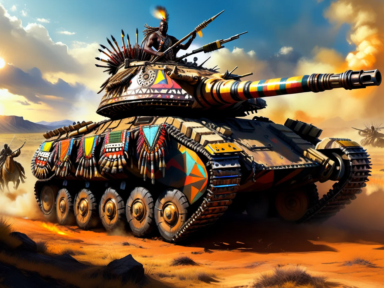 <lora:CulturePunkAI_1Pruned:.9> ZuluPunkAI tank on battlefield, concept art (Highly detailed, amazing), (Impressive lighting), (vibrant colors, Ultra Realistic, High quality, Highly detailed, Sharp focus, 8K UHD, Art photography), (trending on artstation)