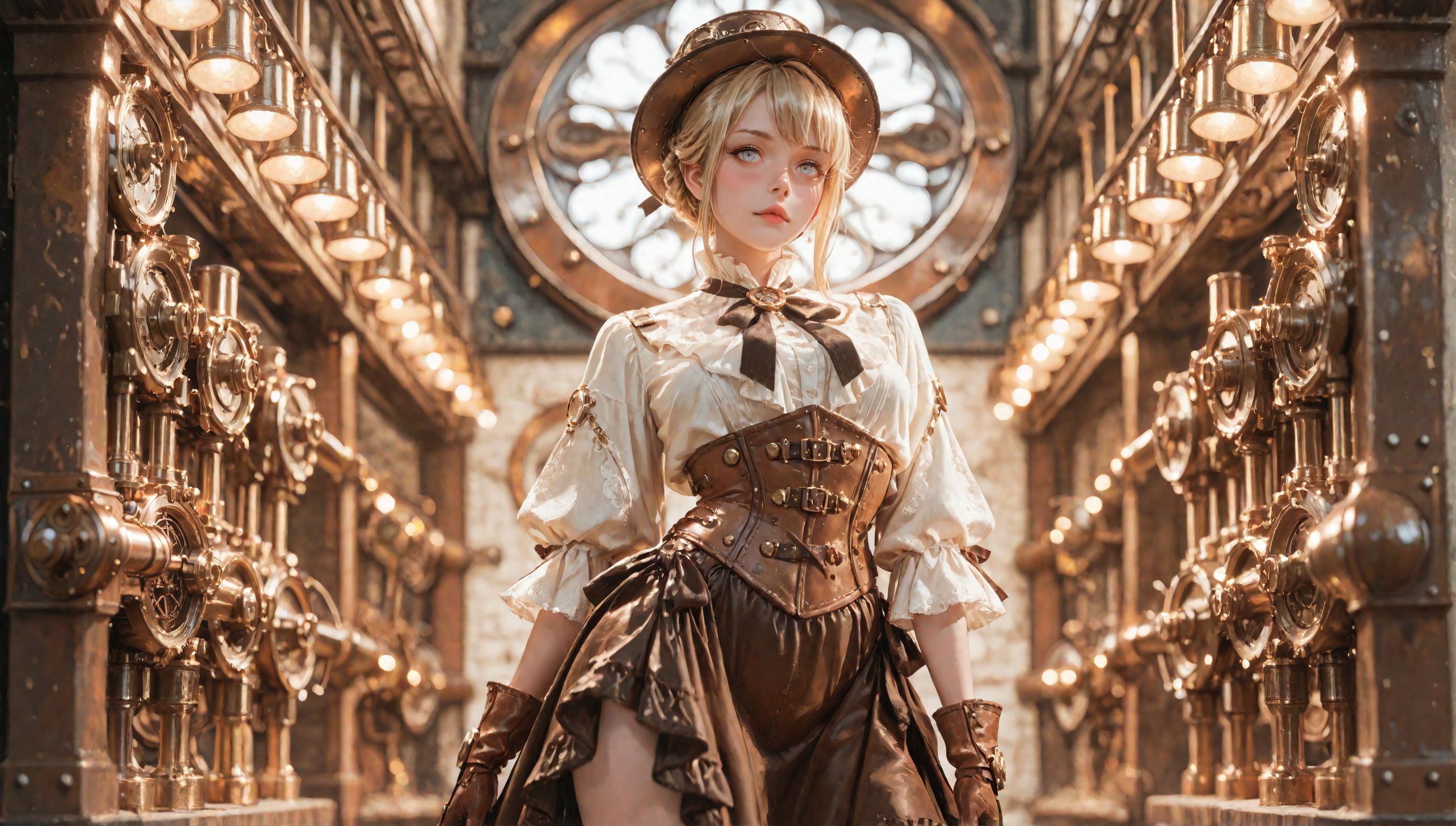 Stjarna_Dogg, (blurred background), 8k, best quality, depth of field, dynamic lighting, high detail, masterpiece, photorealistic, realistic, ultra-HD, very aesthetic, (fashion photoshoot:1.1), 1girl, Dynamic pose, ([style of Jovana Rikalo:style of Liam Wong:0.4]:1.15), [Victorian:steampunk:0.6] setting, adult woman embodying a steampunk aesthetic with a Victorian twist, ((intricate corset design)), holding greasy spout oil can, steel boned corset with brass cogs and gear accents, layered bustle skirt in rich brocade, detailed with copper threading, high-collar ruffled blouse with puffed sleeves, leather gloves reaching just below the elbow, adorned with delicate clockwork pieces, striking leather boots with metal heel detailing, a combination of elegance and industrial flair, hair styled in a sophisticated updo, adorned with miniature steampunk-inspired hat, subtle yet striking makeup highlighting her sharp features, standing confidently in a vintage workshop setting, surrounded by brass and copper machinery, soft glow of ambient gaslights, casting dramatic shadows, the air filled with a sense of adventure and mechanical wonder, her presence a perfect blend of Victorian grace and steampunk boldness, captivating the viewer with a look that's both nostalgic and forward-thinking., (contrapposto)
