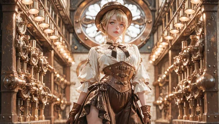 Stjarna_Dogg, (blurred background), 8k, best quality, depth of field, dynamic lighting, high detail, masterpiece, photorealistic, realistic, ultra-HD, very aesthetic, (fashion photoshoot:1.1), 1girl, Dynamic pose, ([style of Jovana Rikalo:style of Liam Wong:0.4]:1.15), [Victorian:steampunk:0.6] setting, adult woman embodying a steampunk aesthetic with a Victorian twist, ((intricate corset design)), holding greasy spout oil can, steel boned corset with brass cogs and gear accents, layered bustle skirt in rich brocade, detailed with copper threading, high-collar ruffled blouse with puffed sleeves, leather gloves reaching just below the elbow, adorned with delicate clockwork pieces, striking leather boots with metal heel detailing, a combination of elegance and industrial flair, hair styled in a sophisticated updo, adorned with miniature steampunk-inspired hat, subtle yet striking makeup highlighting her sharp features, standing confidently in a vintage workshop setting, surrounded by brass and copper machinery, soft glow of ambient gaslights, casting dramatic shadows, the air filled with a sense of adventure and mechanical wonder, her presence a perfect blend of Victorian grace and steampunk boldness, captivating the viewer with a look that's both nostalgic and forward-thinking., (contrapposto)