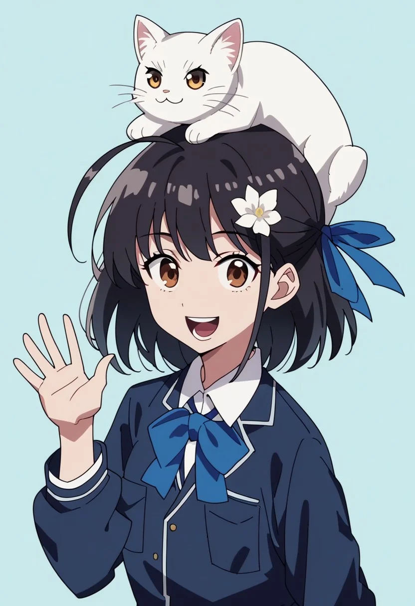 ,score_9, score_8_up, score_7_up, score_6_up, score_5_up, score_4_up, source_anime, rating_safe, easynegative,1girl, portrait, smile, open mouth, teeth, hair flower, black hair, hair ornament, ahoge, flower, shirt, white shirt, ribbon, medium hair, long sleeves, brown eyes, pocket, breast pocket, looking at viewer, bangs, school uniform, upper body, collared shirt, white flower, blue ribbon, bow, open mouth, hair ribbon, skirt, blue skirt, pleated skirt, simple background, light blue background, animal, cat, white cat on head, standing, waving, anime screencap