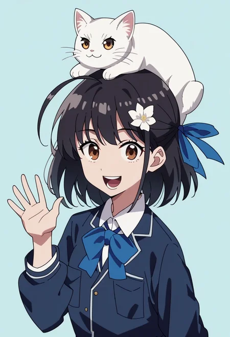 ,score_9, score_8_up, score_7_up, score_6_up, score_5_up, score_4_up, source_anime, rating_safe, easynegative,1girl, portrait, smile, open mouth, teeth, hair flower, black hair, hair ornament, ahoge, flower, shirt, white shirt, ribbon, medium hair, long sleeves, brown eyes, pocket, breast pocket, looking at viewer, bangs, school uniform, upper body, collared shirt, white flower, blue ribbon, bow, open mouth, hair ribbon, skirt, blue skirt, pleated skirt, simple background, light blue background, animal, cat, white cat on head, standing, waving, anime screencap
